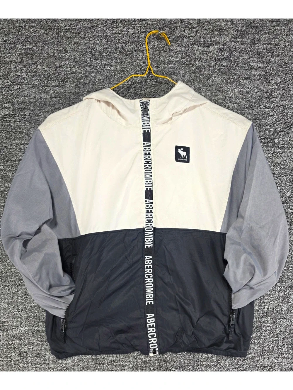 Abercrombie Kids Colorblock Hooded Full Zip Jacket Pockets White Gray 7/8